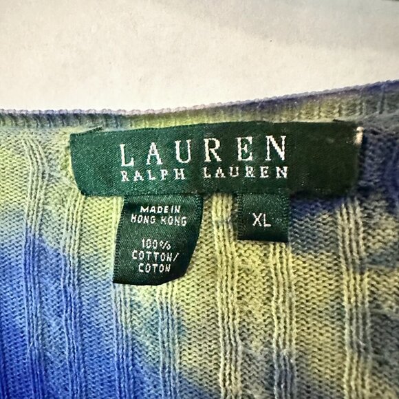 Lauren RALPH LAUREN  Tie dye Blue Sweater V neck Size Extra Large Cable Cotton - Picture 5 of 6